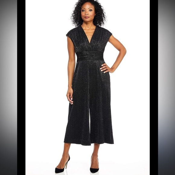 Maggy London Pants - Maggy London Black Sparkle Pleat Novelty Wide-Leg Crop Jumpsuit Romper US 2
